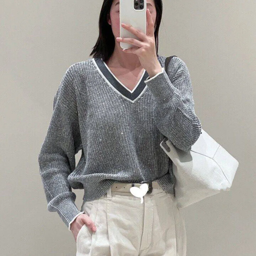 New Fashion Gray Color Embroidered Sequins 94% Linen Knitted Pullover Women Contrast V-neck Long Sleeve Loose Casual Sweater