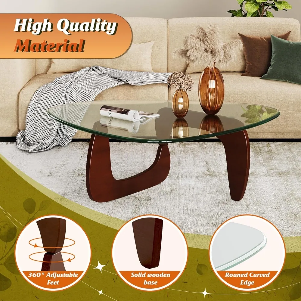Mid Century Modern Small Glass Coffee Table with Wooden Legs, 36 Triangle Living Room Furniture, Contemporary Center Table