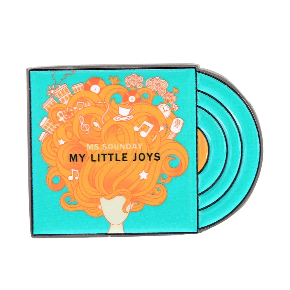 My Little Joys Vintage Vinyl Record Brooch Orange Curly Hair Note Pattern badge Fashion Pin Accessories Music Collectible Gift