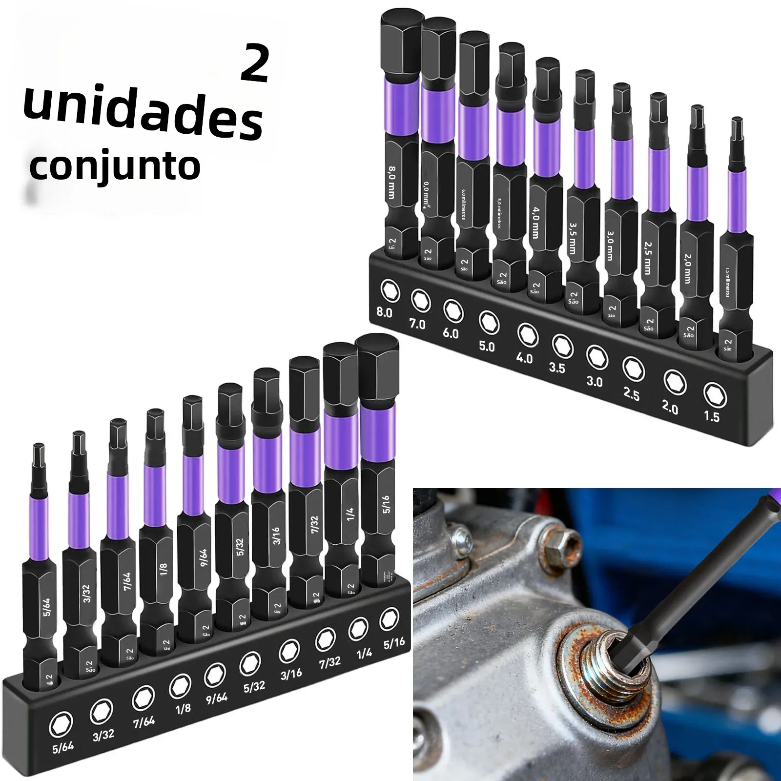 Conjunto de brocas de chave Allen de cabeça sextavada de impacto 10 peças, conjunto de brocas sextavadas de aço S2, haste sextavada de 1/4" com magnetismo, 50 mm de comprimento