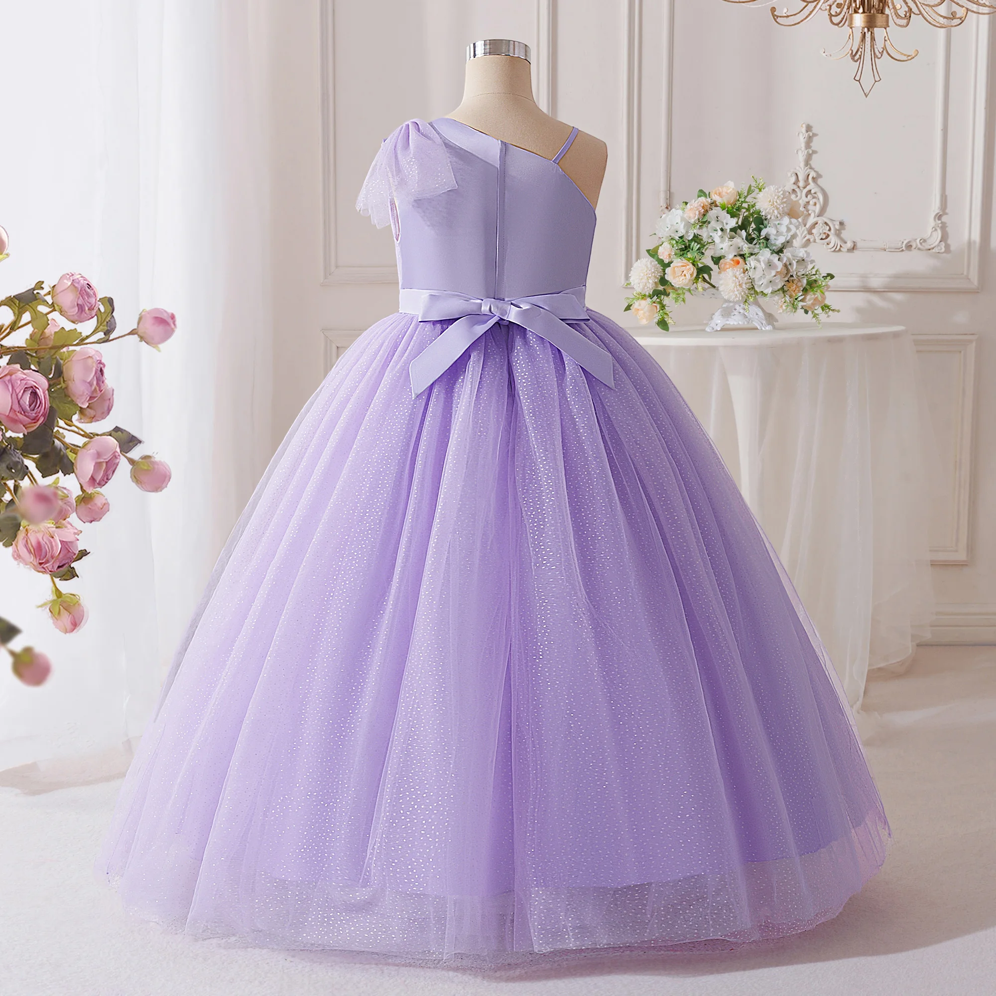 Elegant Bridesmaids Party Girl Dresses Fashion Tulle Baptism Wedding Princess Dress Girls Formal Big Bow Birthday Prom Costumes