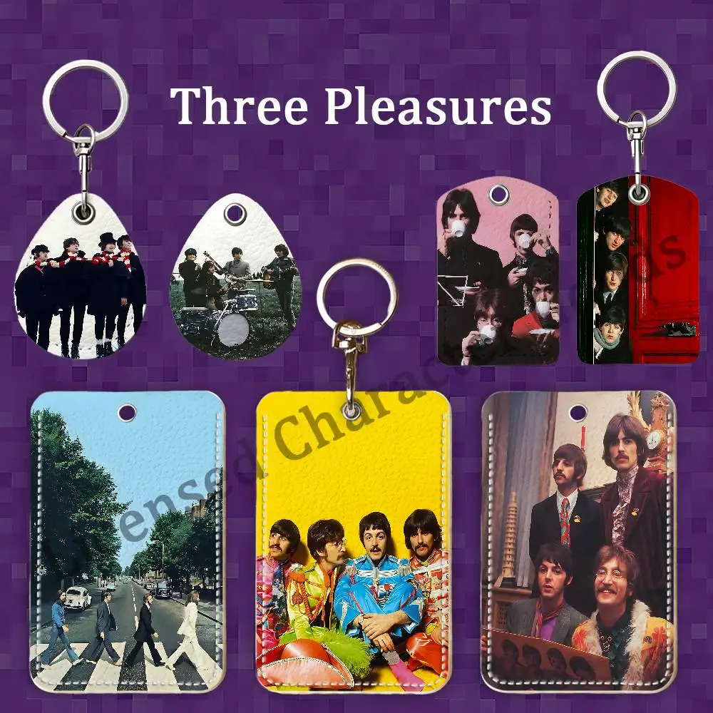 Vintage B-Beat-les Band Rectangle Card Case Keychain Access Card Bag Key Tag Ring Leather Card Holder Key Ring Access