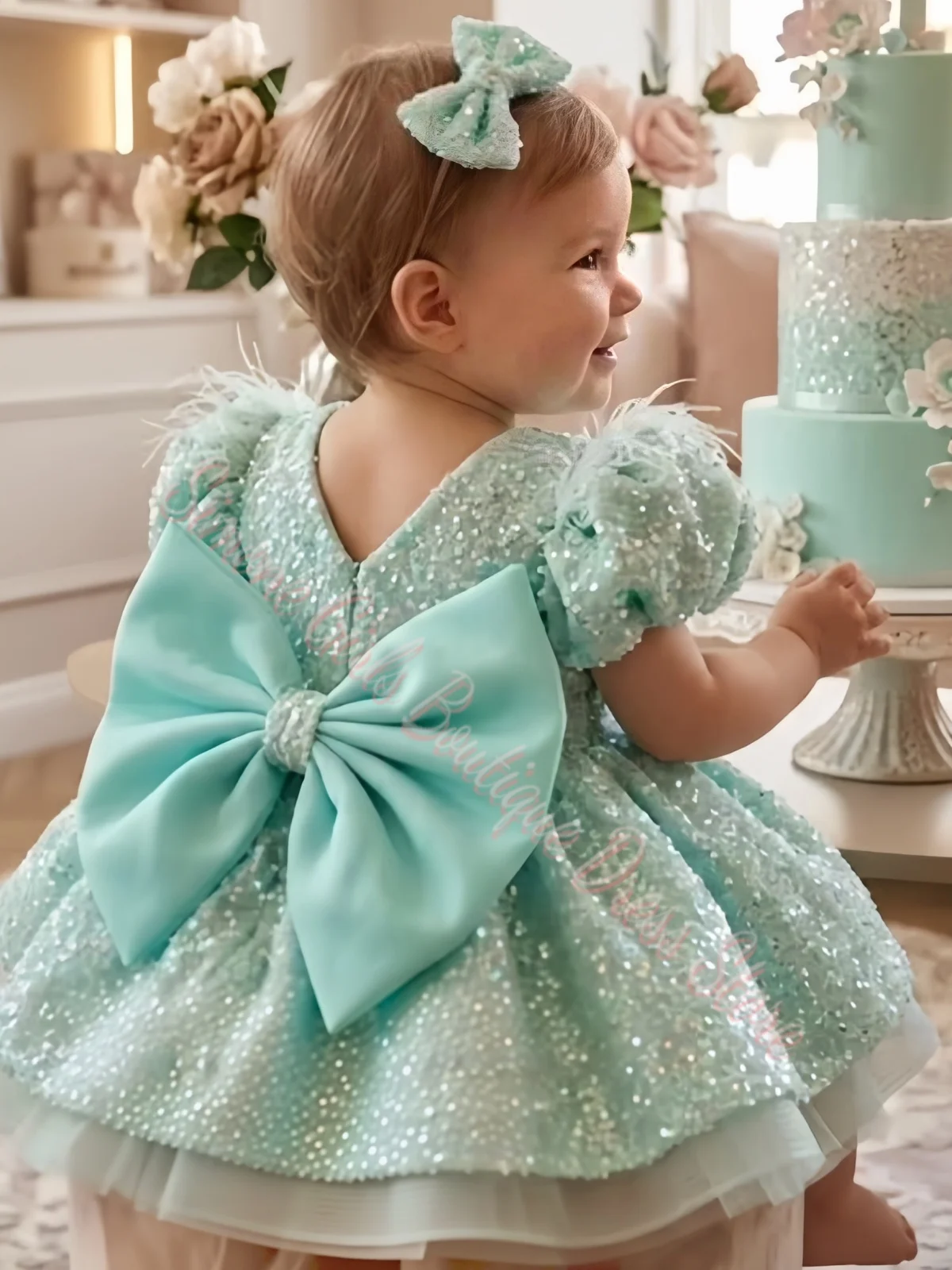Customized Flower Girl Dress Pink Sequin Tulle Bow And Trailing Short Sleeve For Wedding Birthday Party Prom Banquet Ball Gown