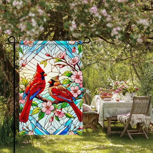 Spring Red Bird Garden Flag 12x18 Inch Double Sided Stained Glass Style Flora... YYZ
