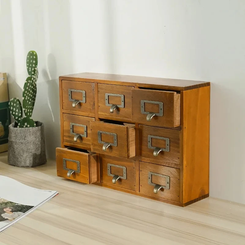 

Desktop Storage Box, Solid Wood Drawer Cabinet, Multi-Compartment Organizer, Metal Handle Drawer Cabinet for Office