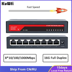 KuWfi 8 Port 1000Mbps Ethernet Network Switch Smart Switcher High Performance RJ45 Hub for Computer TV Camera Plug and Play
