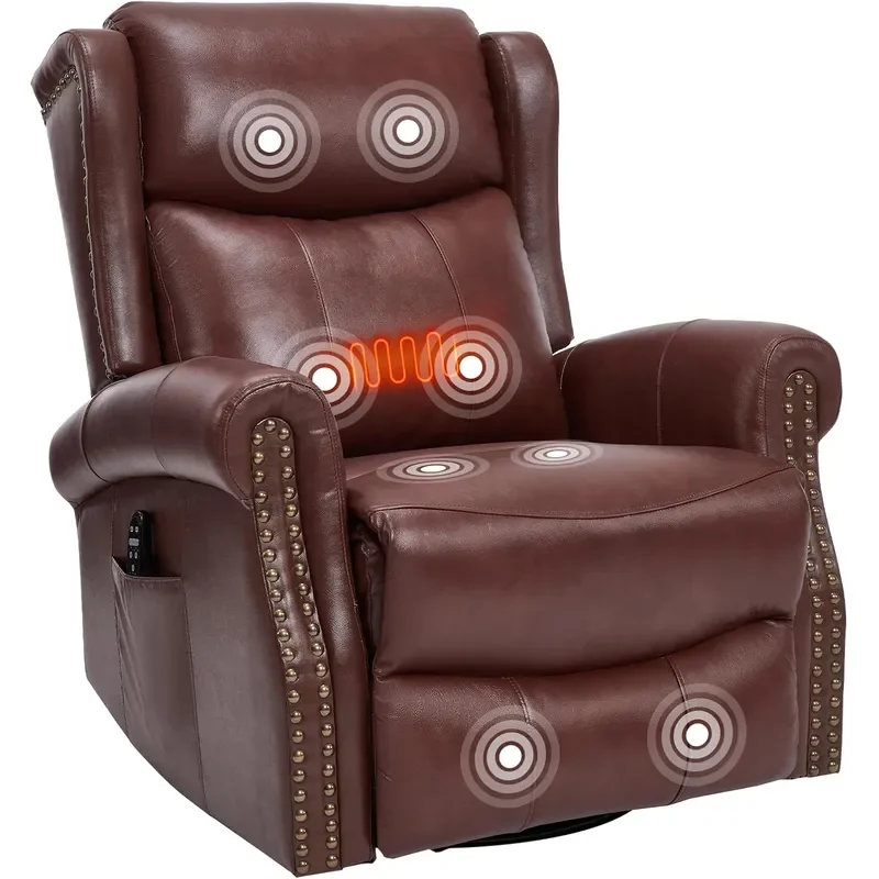 Genuine Leather Recliner Chair for Adults 360 Swivel Glider Rocker with Heat Vibrating Massage Push Back Recliner Chair