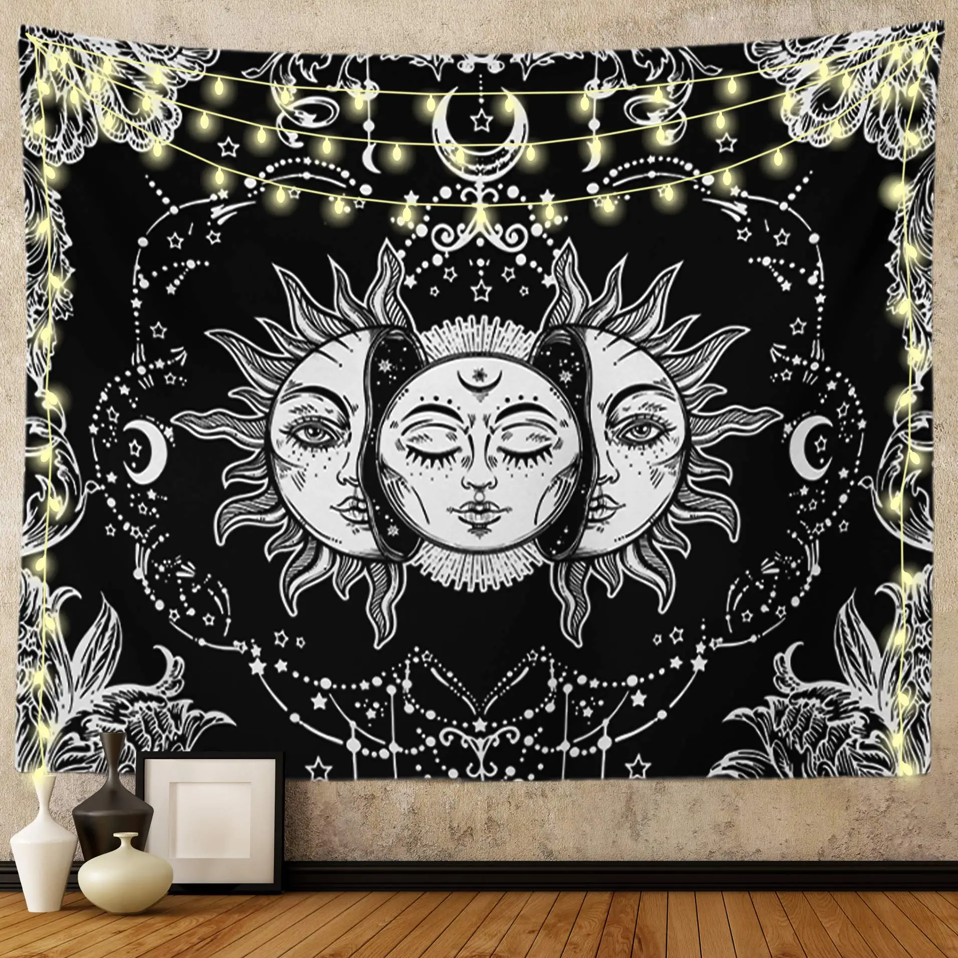 Sun and Moon Tapestry, Black and White Tapestries Mystic Burning Sun with Star Wall Hanging decor for Bedroom