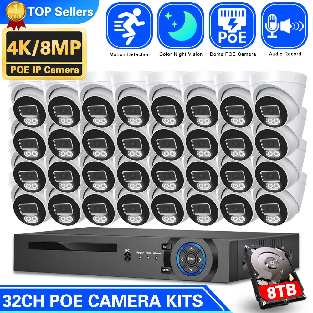 

32CH 4K POE NVR Kit CCTV Camera Security System 8MP Outdoor Motion Detection Two Way Aduio Video Surveillance CCTV Camera Set