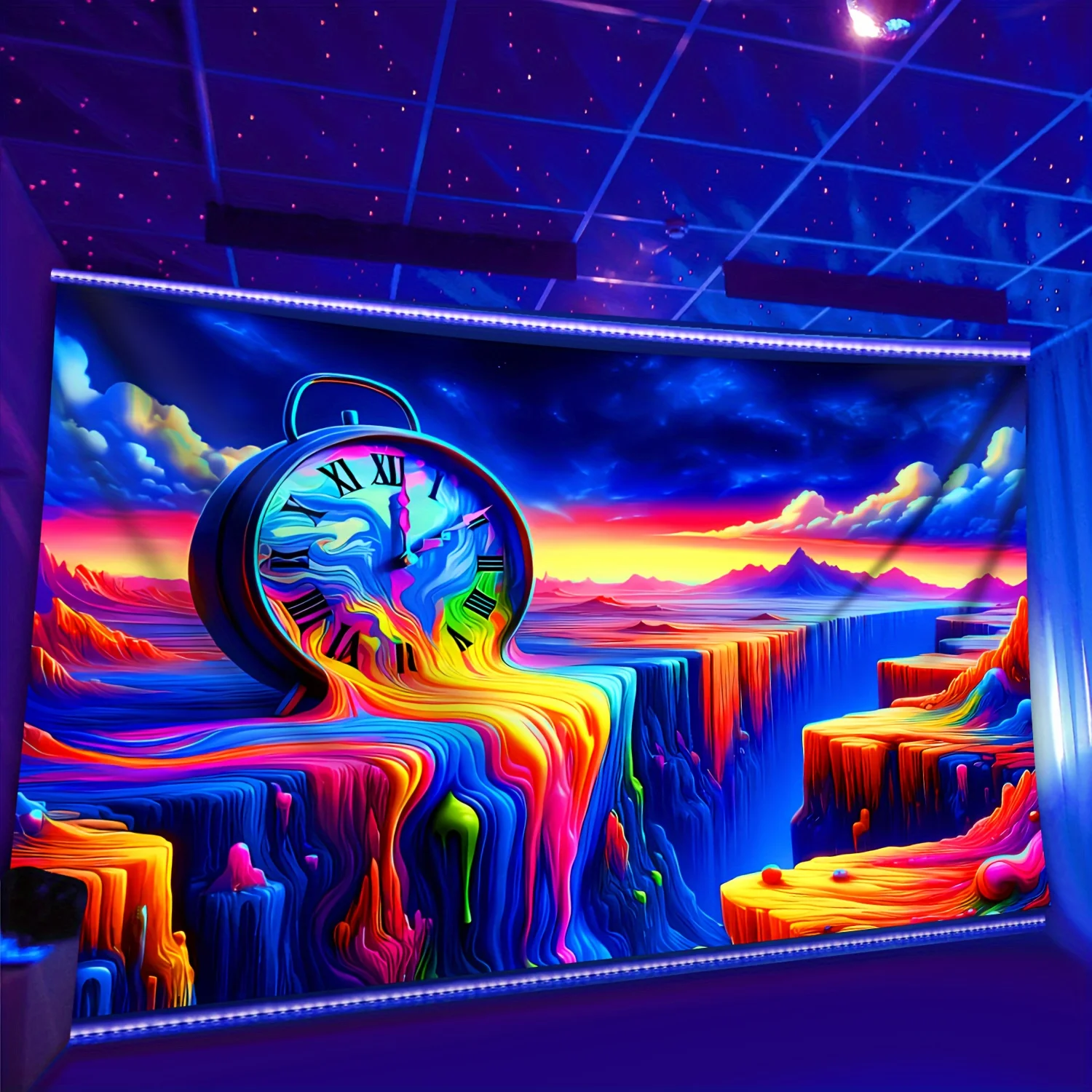 VIKAMA Psychedelischer gedrehter Uhr-Wandteppich, bunter Wasserfall, Farbverlauf, Himmel, Hintergrund, Wohnzimmer, Sofa, Party, Kunst, Raumdekoration