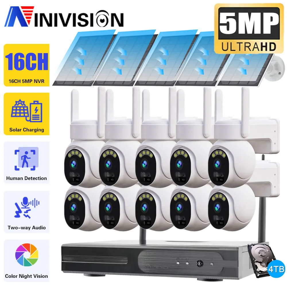 16CH 5MP WiFi NVR System 4MP Solar-Powered Wireless Cameras Remote Access Built-in Battery  Low Power Consumption Network CCTV