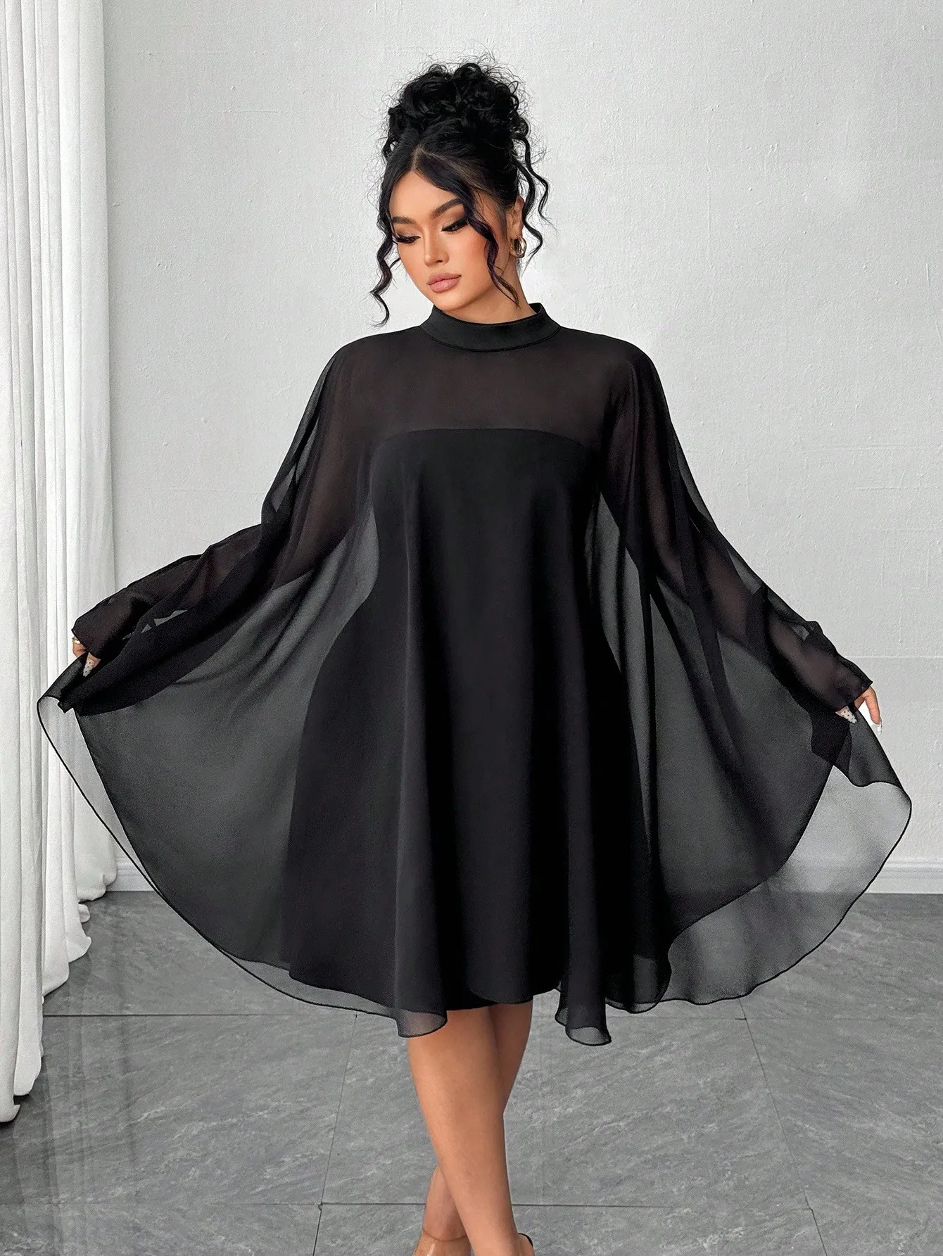 

Платье Elenzga Plus Size из черного шифона с рукавами-накидкой для женщин, минималистичный стиль, для праздников и вечеринок