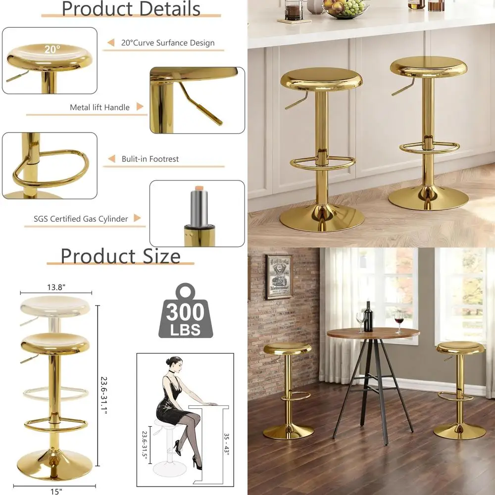 

Пара регулируемых поворотных барных стульев, металлические, высоты прилавка, без спинки, для кухонного острова или паба, золотые