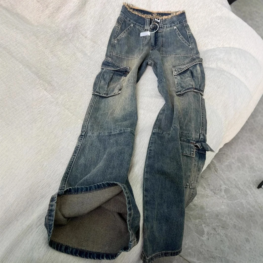 Raw Edge Multi Pocket Jeans Cool Girls Versatile Wide Leg Cargo Pants American Style High Street Women's Loose Denim Pants