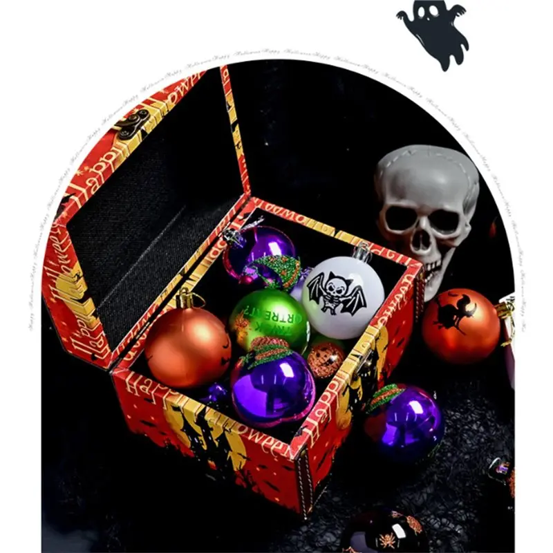 ABUI-6Cm Halloween Hanging Ball Ornaments Set, Skull Pumpkin Ghost Spooky Decorative Balls