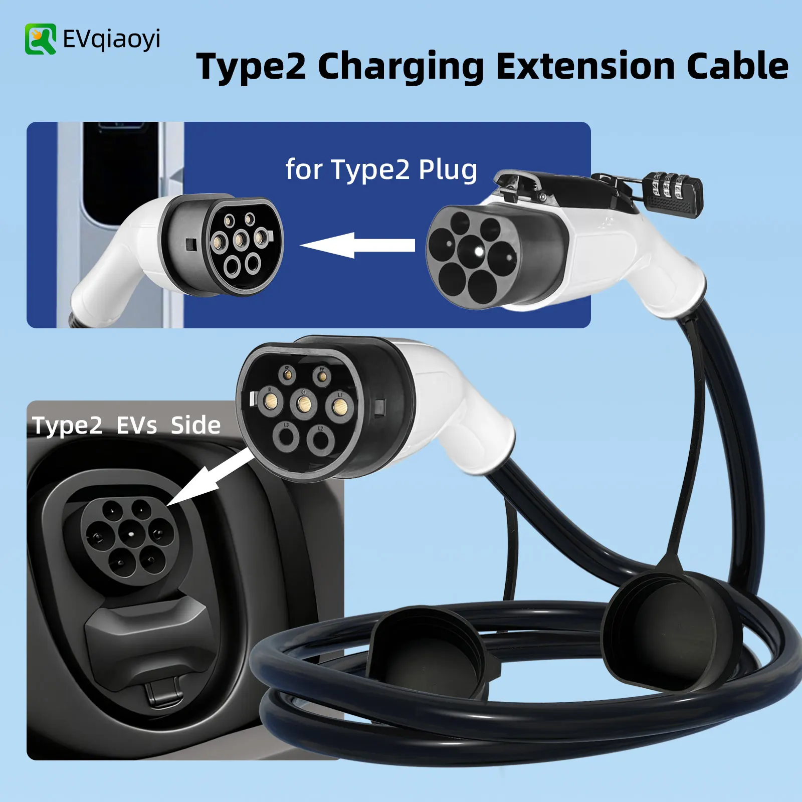 

Удлинительный кабель EVqiaoyi Type 2, 7 кВт, с противоугонным замком, шнур для электромобиля Type2, зарядная станция EVSE, вилка «мама-папа»