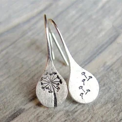 Simple Personality Silver Color Carving Dandelion Dangle Earring for Women Engagement Wedding Jewelry Statement Earrings