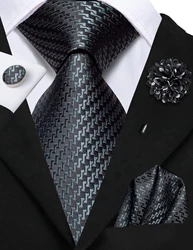 Grey Striped Silk Business Tie For Men Handky Cufflink Brooch Men Necktie Fashion Designer Wedding Party Dropship Hi-Tie