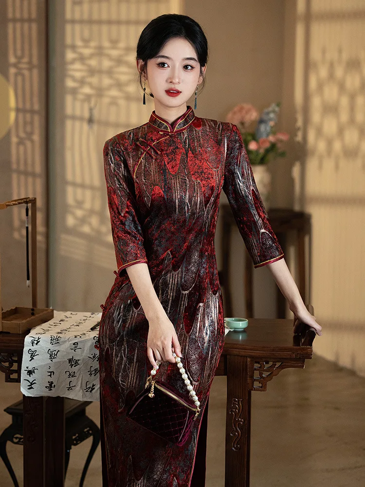 Women Autumn Winter Velvet Cheongsam Chinese Traditional Evening Wedding Banquet Dresses Long Velour Qipao