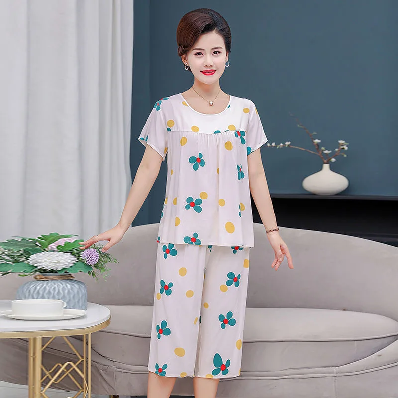 Middle Aged Mother Pajama Set For Women 2 Piece Set Outfit Summer Home Wear Loose Two-piece Suit Big Size Pyjama Pour Femme 4XL