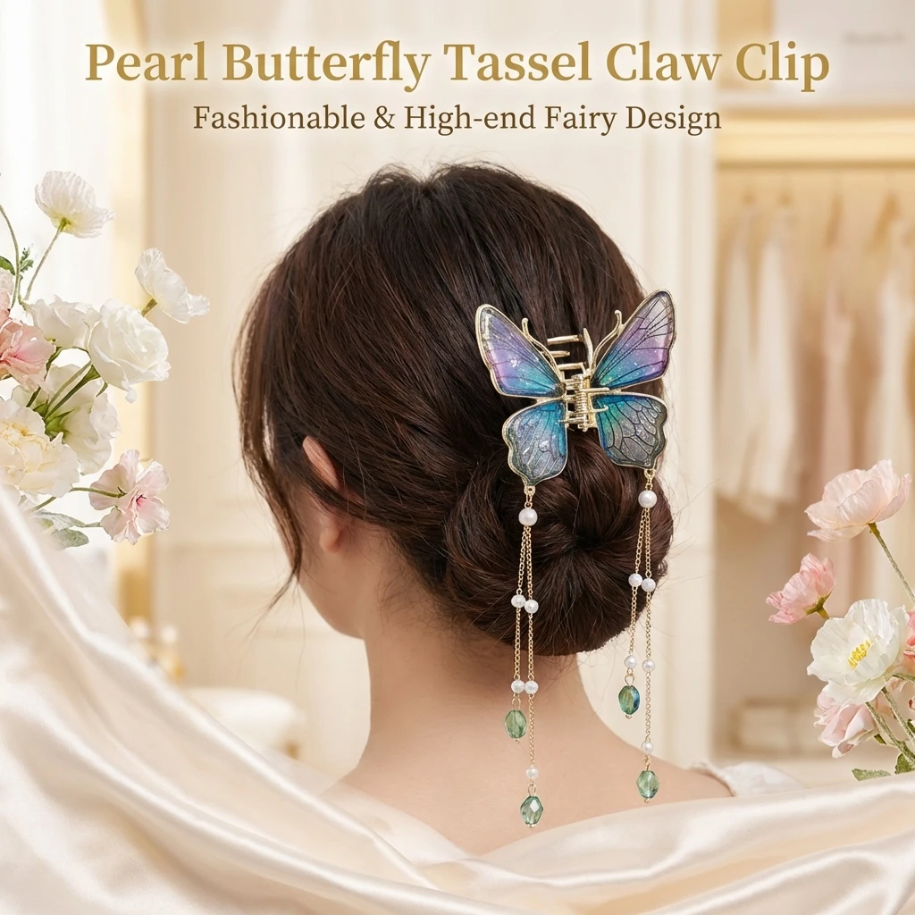 Pince à cheveux papillon en perles pour femmes avec design à pompon pour mariages, fêtes et usage quotidien, accessoires pour femmes
