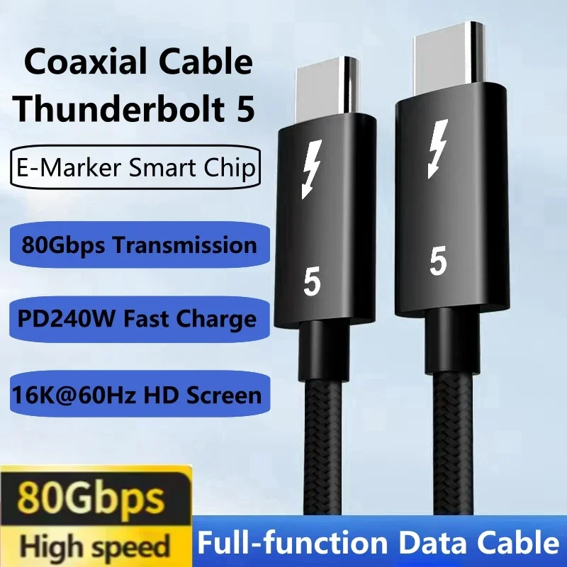 

Thunderbolt 5 Full-function Data Cable USB C To USB C Fast Charging PD 240w 16K 60Hz Video Output Functional 80Gbps Transmission