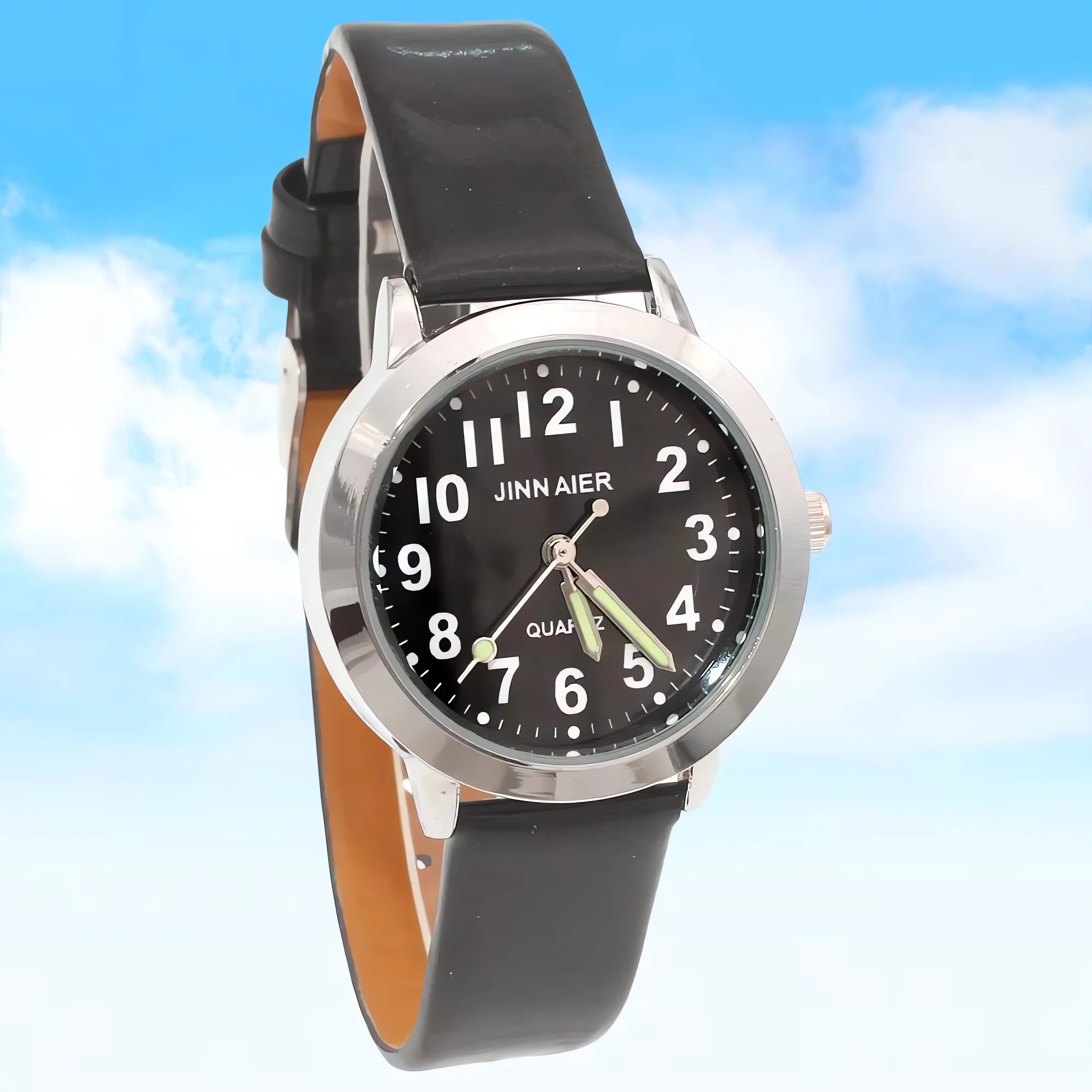 Kids Quartz Watch 28mm Diameter Silver Case with Leather Strap Boys Girls Children's Timepiece Gift