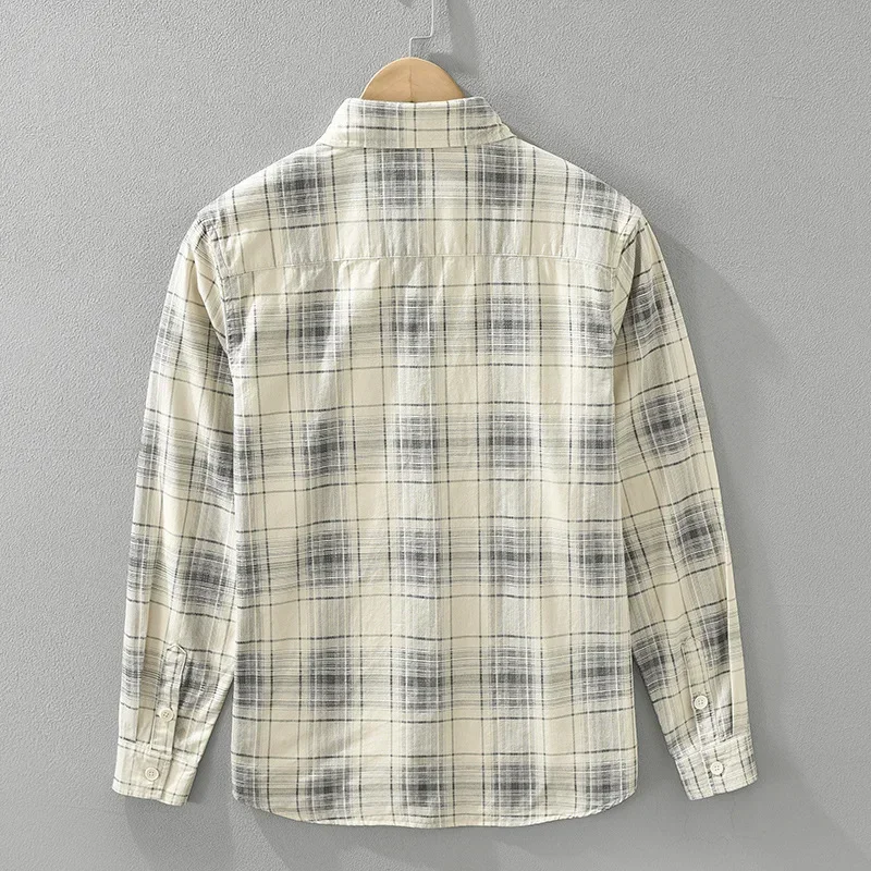 Japanese Style Plaid Shirts Men Daily Casual Shirts Lapel Double Pockets Tops 100%Cotton Long Sleeve Shirts Male Comfort Clothes