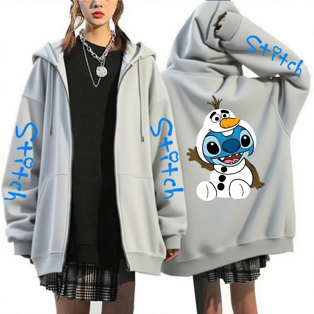 

Oversized Sweater Women's Clothing Disney Lilo&Stitch Pattern Zipper Hoodie Autumn/Winter Long Sleeve Warm Coat