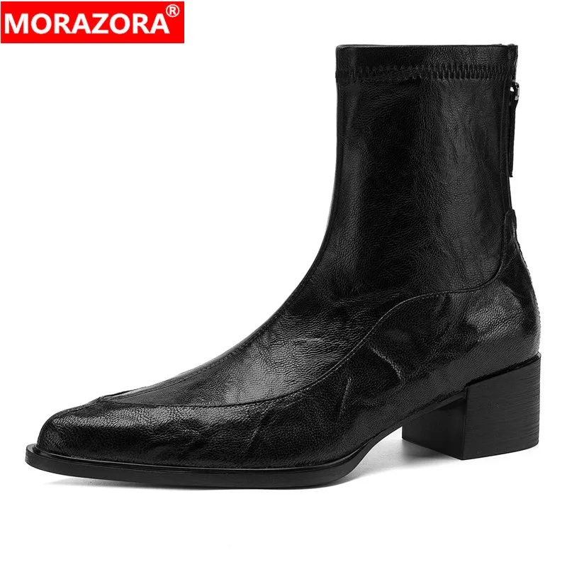 MORAZORA 2027 New Genuine Leather Boots Women Pointed Toe Zipper Black Brown Square Mid Heels Autumn Winter Ankle Boots