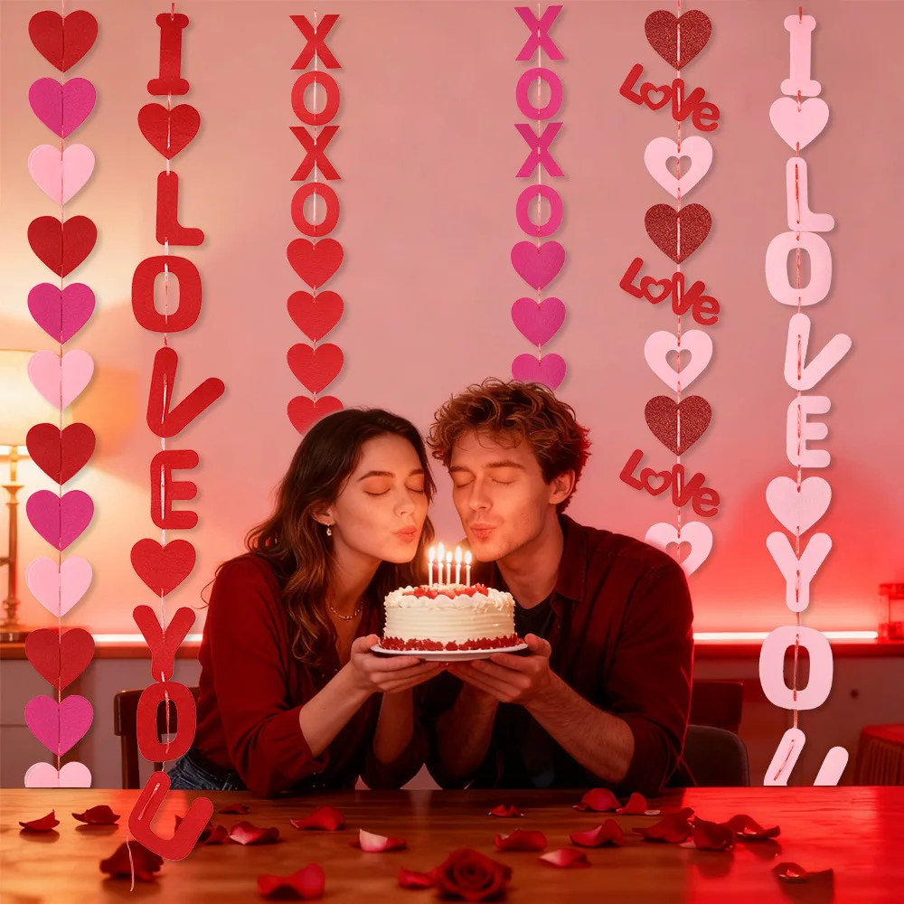 ديكور زفاف لعيد الحب ومهرجان Qixi - رسالة حب وإكليل معلق على شكل قلب أحمر - زخرفة خلفية رومانسية