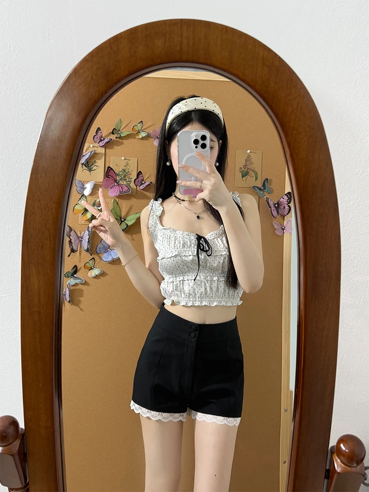 슬리밍 퓨어 디자이어 핫 걸 세트 여성 여름 2025 폴카 도트 레이스 트림 스트랩 베스트 A라인 투피스 세트 패셔너블