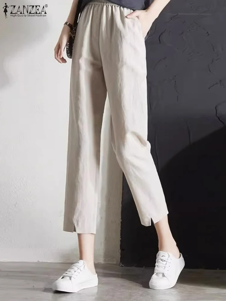 

ZANZEA Korean Casual Cropped Pants Women Elastic Waist Pockets Long Pants Summer Fashion Slit Pantalons Casual Straight Trousers