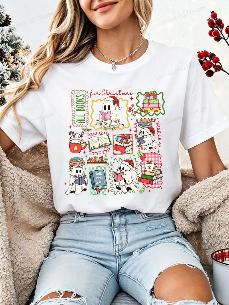Christmas Cute Ghost Reading Book Graphic T‑Shirt All Book Tee One More Chapter Bookworm Librarian Gift Casual Xmas Holiday Tops