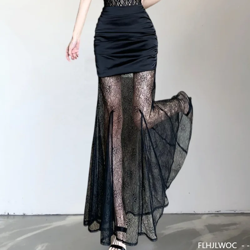 Mesh Sheer Lace Skirts Sexy Charming Women's FLHJLWOC Design Wrapped Bandage Patchwork Club Night Out Black White Long Skirt