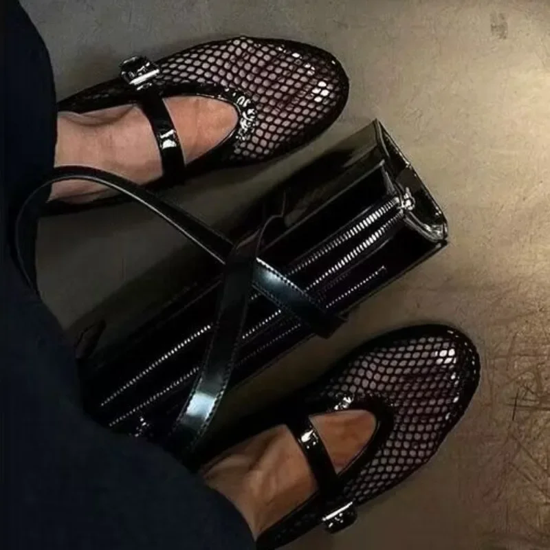 Sapato raso oco raso para mulheres, salto liso macio, sapatos Mary Jane para senhoras, estilista de moda, verão, 2024