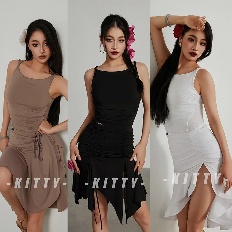 

Latin Dance Clothes Women Adult Suspender Tops Slit Skirt Cha Cha Rumba Salsa Dance Practice Clothing White Black Dress DNV21717