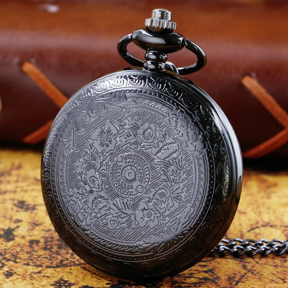 أزياء سوداء كوارتز ساعة الجيب لزوجي قلادة رائعة قلادة فوب سلسلة خمر Steampunk ساعة الجيب الرجال هدية
