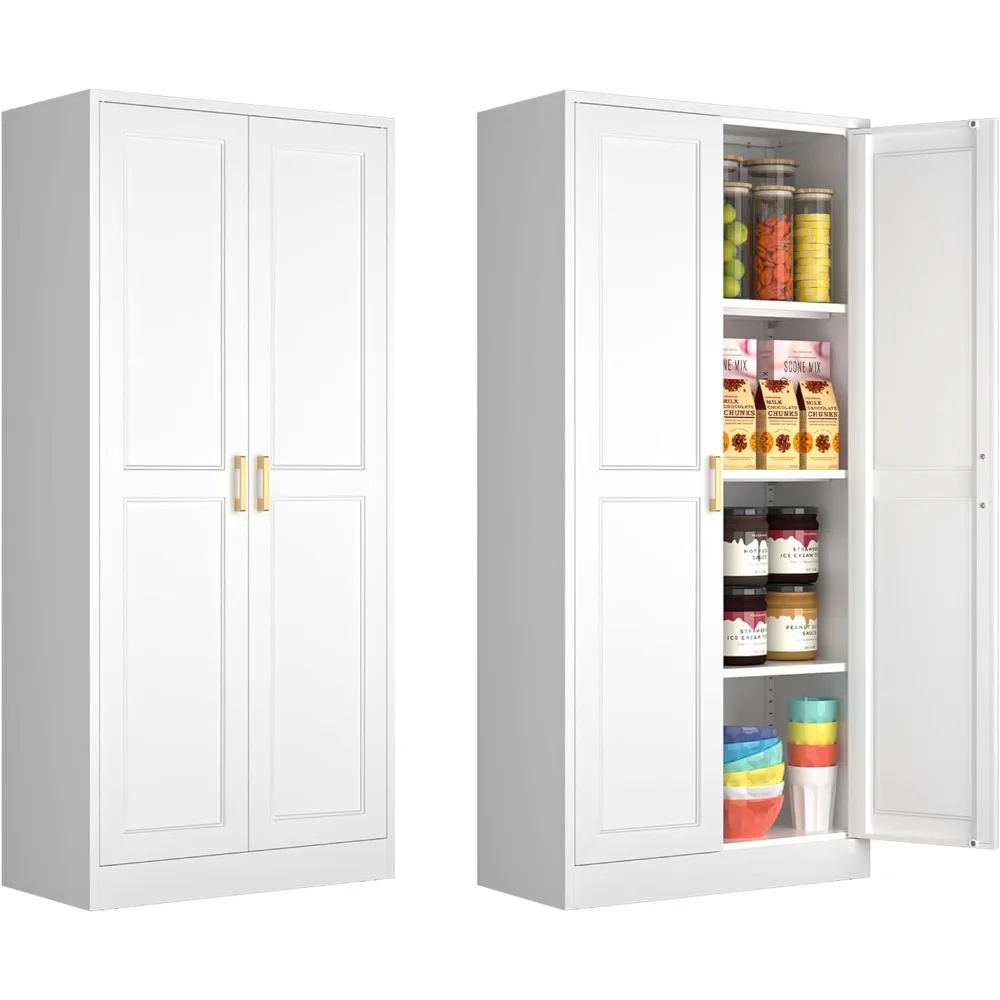 Kitchen Pantry Cabinet, 60 Inch Tall Pantry Storage Cabinet with Doors and Adjustable Shelves, Metal Storage Cabinet with Golden