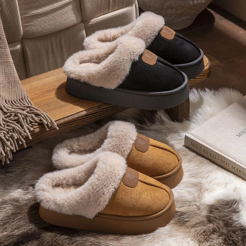 Thick Bottom Home Fluffy Slippers Women Winter Soft Sole Warm Plush House Slippers Woman Closed Toe Non-slip Cotton Shoes