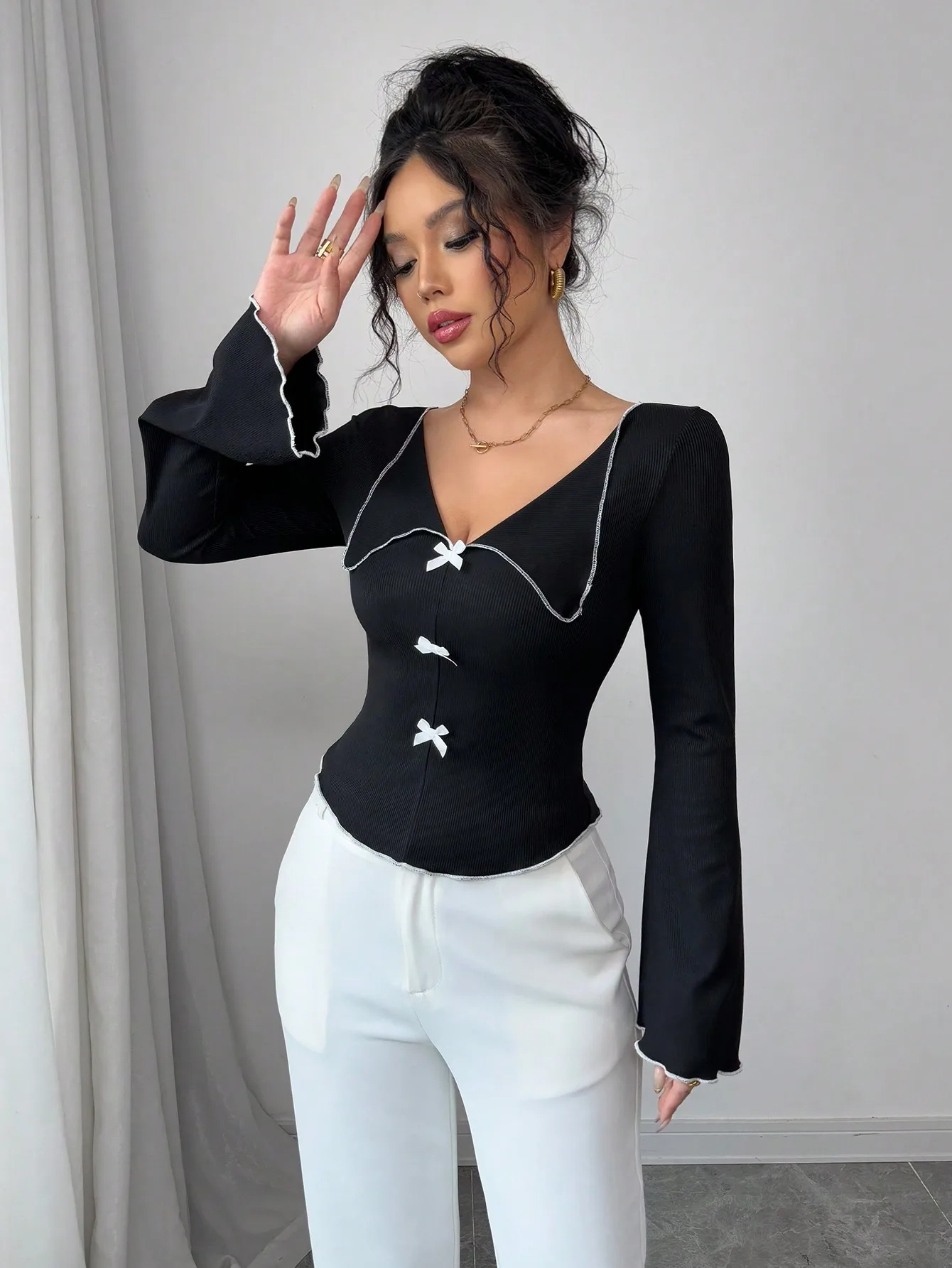 Automne nouveau style polyvalent à la mode petit nœud col ouvert femmes élégantes à manches longues une pièce