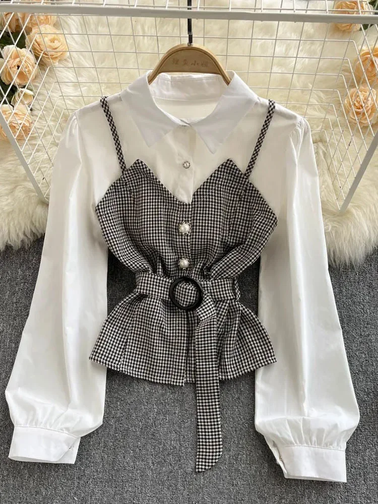 Women Korean Fashion Contrast Color Temperament Blouse Waist Waist Single-breasted Plaid Fake Two-piece Shirt Tops Female D0394