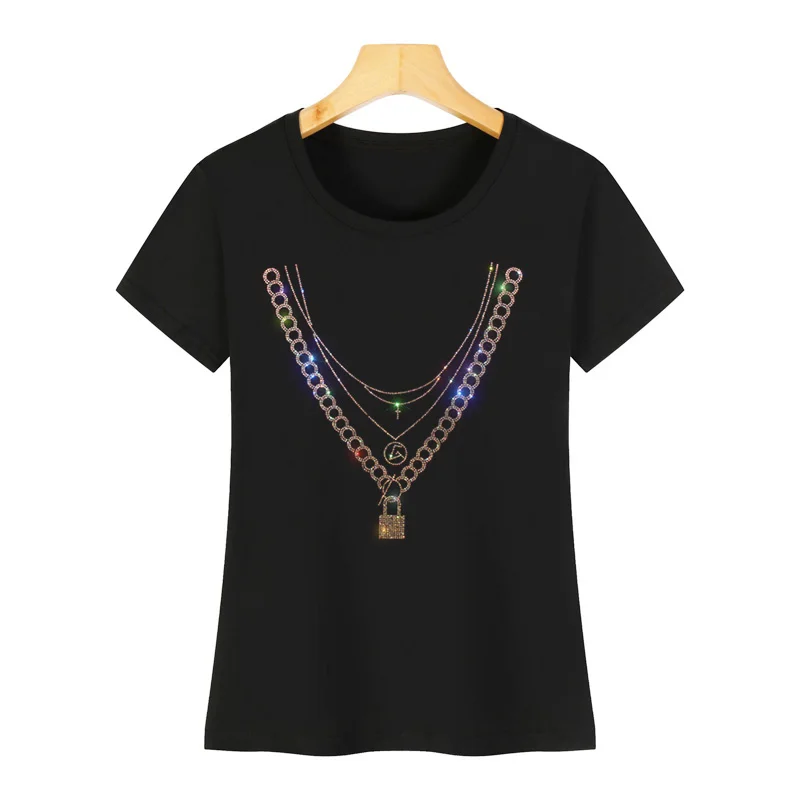 Fashionable women's T-shirt short-sleeved hot diamond necklace women's casual T-shirt