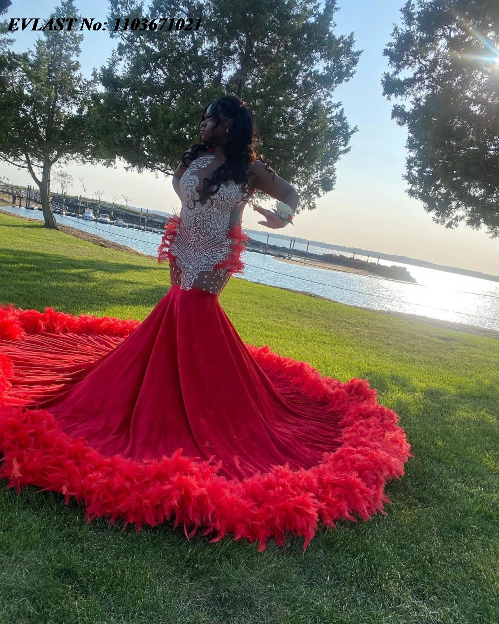 EVLAST Customized Red Feather Mermaid Long Prom Dress For Black Girls Silver Crystal Beads Party Gala Gown Robes De Soirée P123