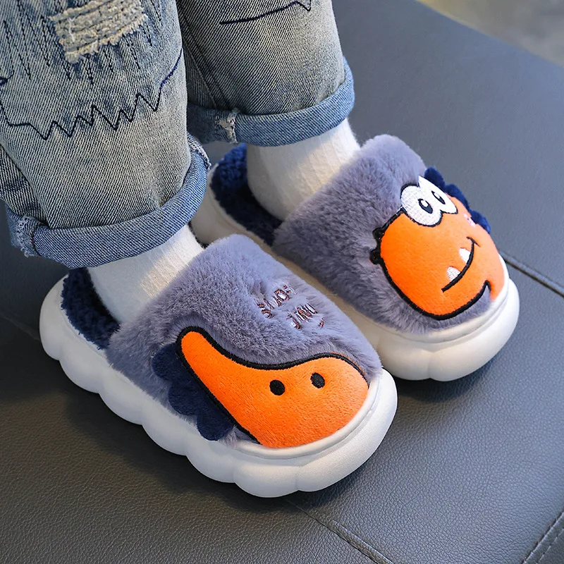 Cartoon Printed Dinosaur Cotton Slippers for Children's Shoes Fashion Winter Warm Soft Indoor Kids Baby Boys Slipper