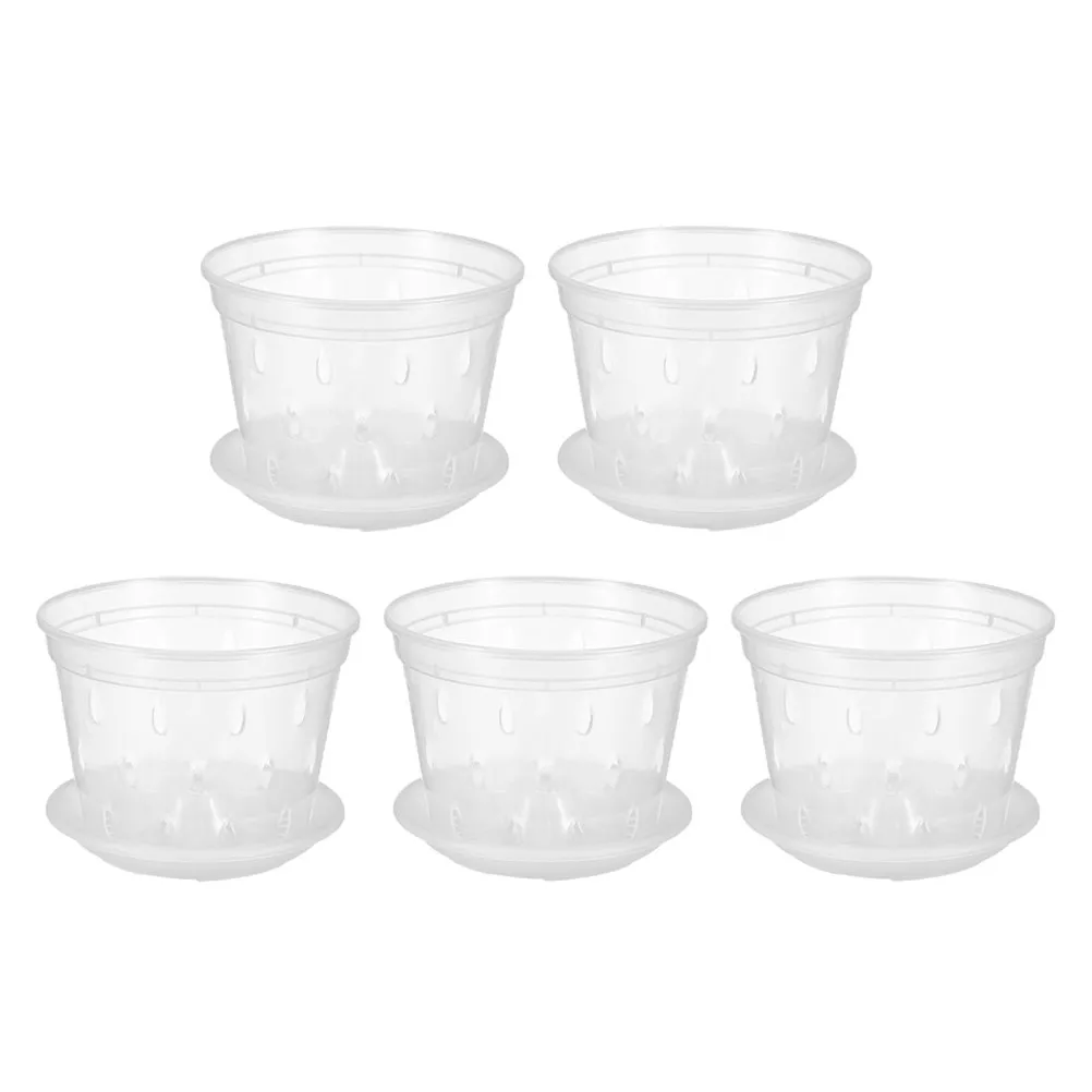 5Sets Breathable Flower Pot Set Orchid Pots Plastic Planters with Drainage Holes Saucers for Indoor Outdoor Gardening Nursery