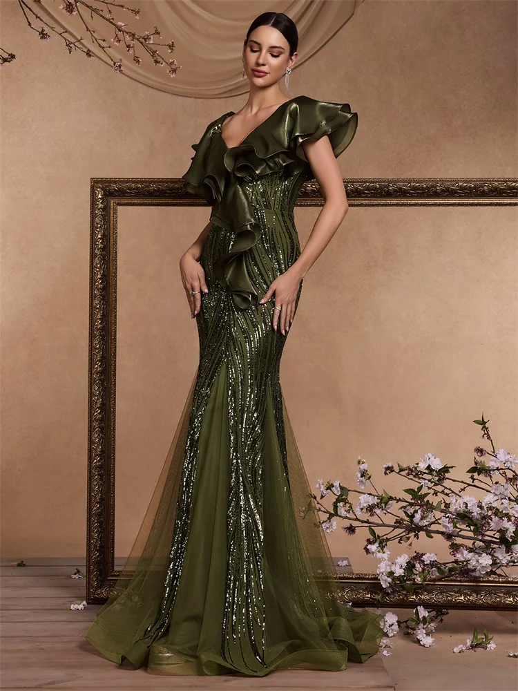 Lucyinlove Elegant Ruffle Sleeve Green Sequins Evening Dresses For Women Mermaid Formal Party Maxi Prom Dresses Cocktail Gown