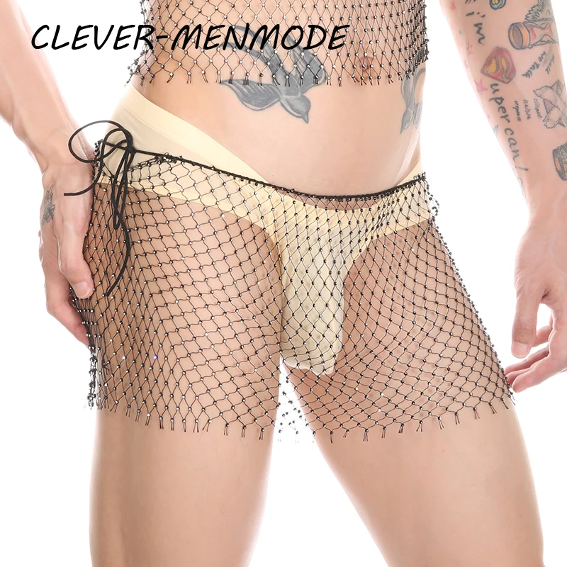 شورت بوكسر رجالي مثير لامع بالماس ، سراويل شبكية شفافة مثيرة ، ملابس نادي المسرح ، ملابس داخلية جنسية ، سيسي #1