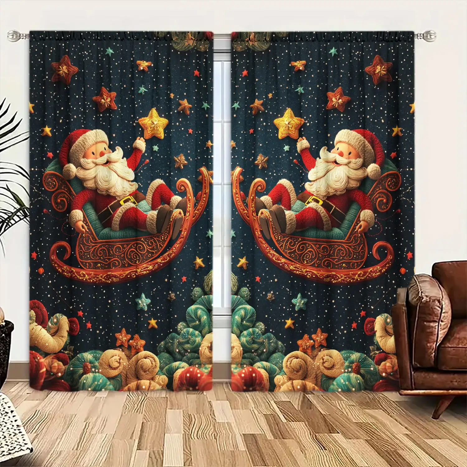 2pcs Santa Claus Rides Sled Printed Curtain for Christmas Home Decor - Rod Pocket Window Treatment for Bedroom, Office, Kitchen