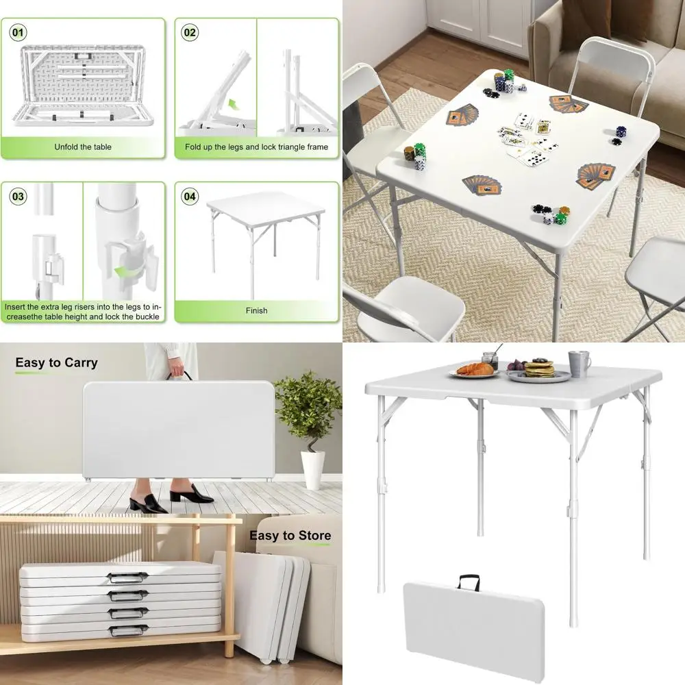 

Portable White Plastic Square Folding Table with Collapsible Legs and Carry Handle for Camping, Picnics, Office, Parties, and Mo